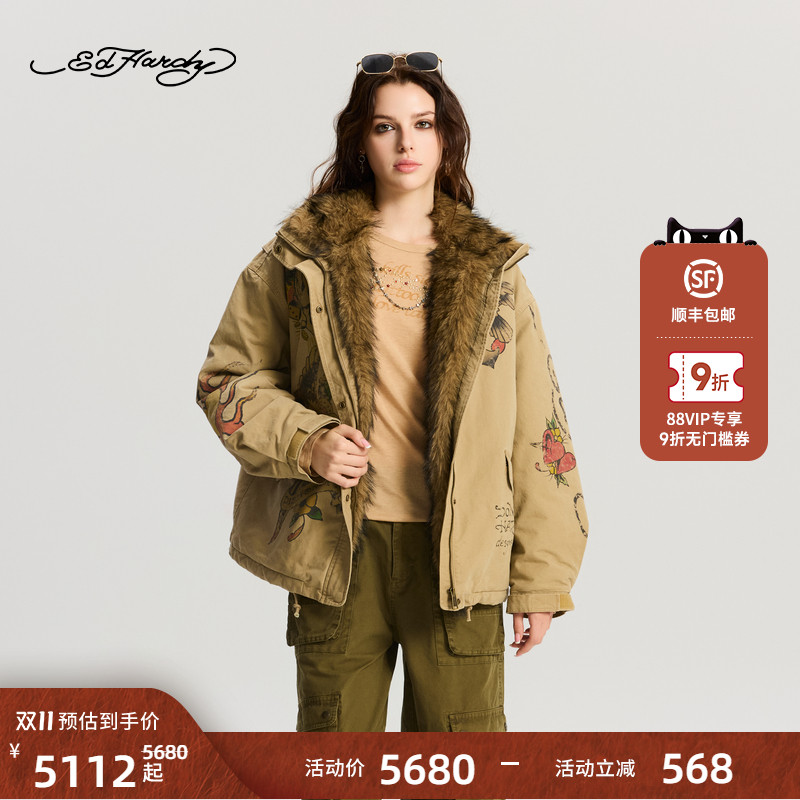 Ed Hardy埃德哈迪2025冬季新款女士落肩宽松水洗拉链棉服E1RDW329