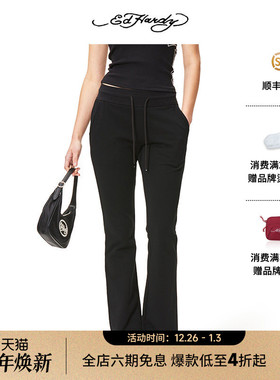 Ed Hardy埃德哈迪夏季新款女士高腰黑色坠感阔腿微喇针织长裤