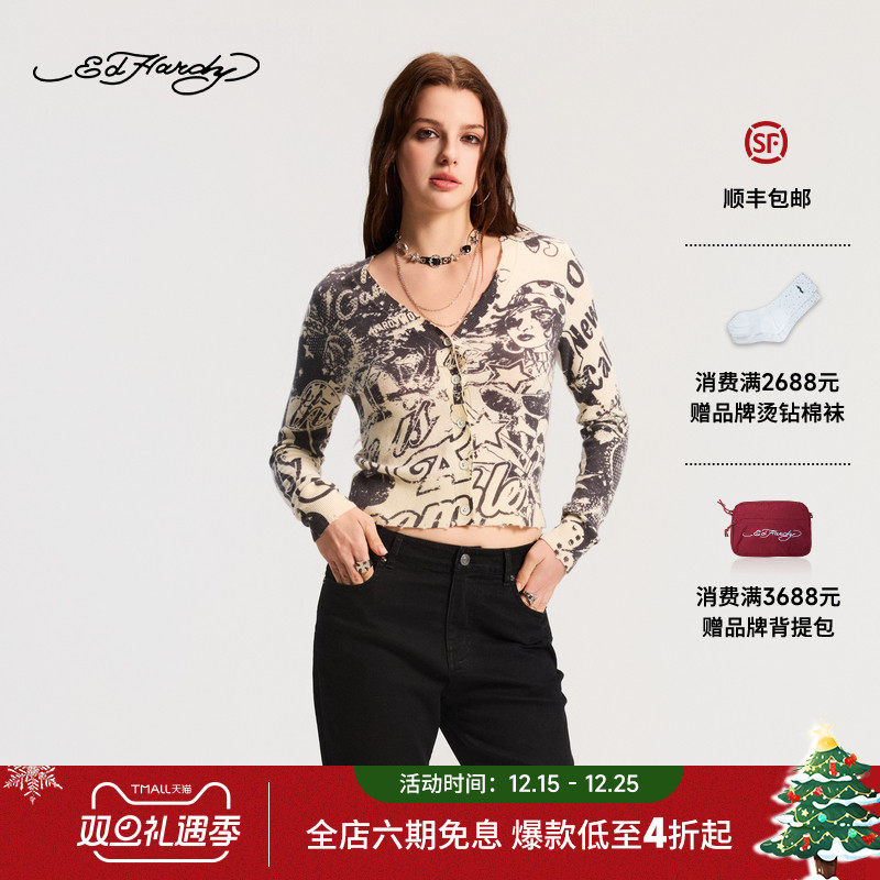 Ed Hardy埃德哈迪2026春季新款女士针织短款长袖针织衫E1SAW210