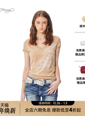 Ed Hardy埃德哈迪2025春季新款拔印烫钻烫片女士V领修身短袖T恤