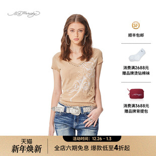 短袖 拔印烫钻烫片女士V领修身 新款 T恤 Hardy埃德哈迪2025春季