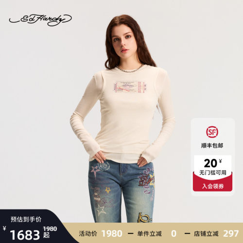Ed Hardy埃德哈迪2026春季新款女士假两件圆领长袖T恤E1SAW213