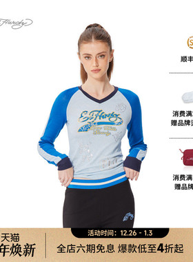 Ed Hardy埃德哈迪2025春季新款拔印烫钻V领修身插肩袖女士长袖T恤