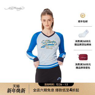 Hardy埃德哈迪2025春季 女士长袖 新款 插肩袖 T恤 拔印烫钻V领修身