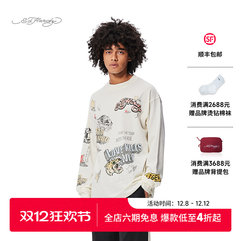 Ed Hardy埃德哈迪冬季新款男士美式复古潮牌虎头时尚长袖T恤