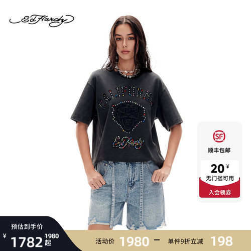 Ed Hardy埃德哈迪2026夏季新款女士烫钻烫珠宽松短袖T恤E1SBW300