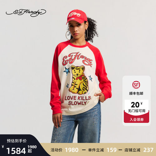 Ed Hardy埃德哈迪2026春季新款女士宽松插肩袖长袖T恤E1SAW261