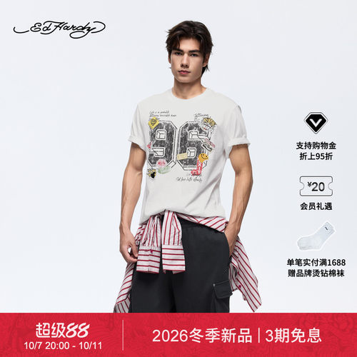 【冬季新品】Ed Hardy埃德哈迪2026冬季新款男士落肩印花短袖T恤