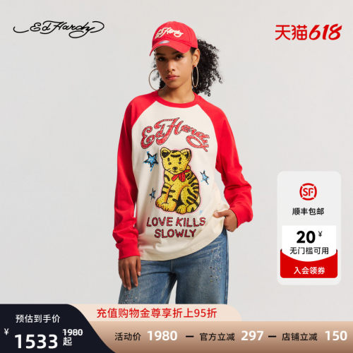Ed Hardy埃德哈迪2026春季新款女士宽松插肩袖长袖T恤E1SAW261