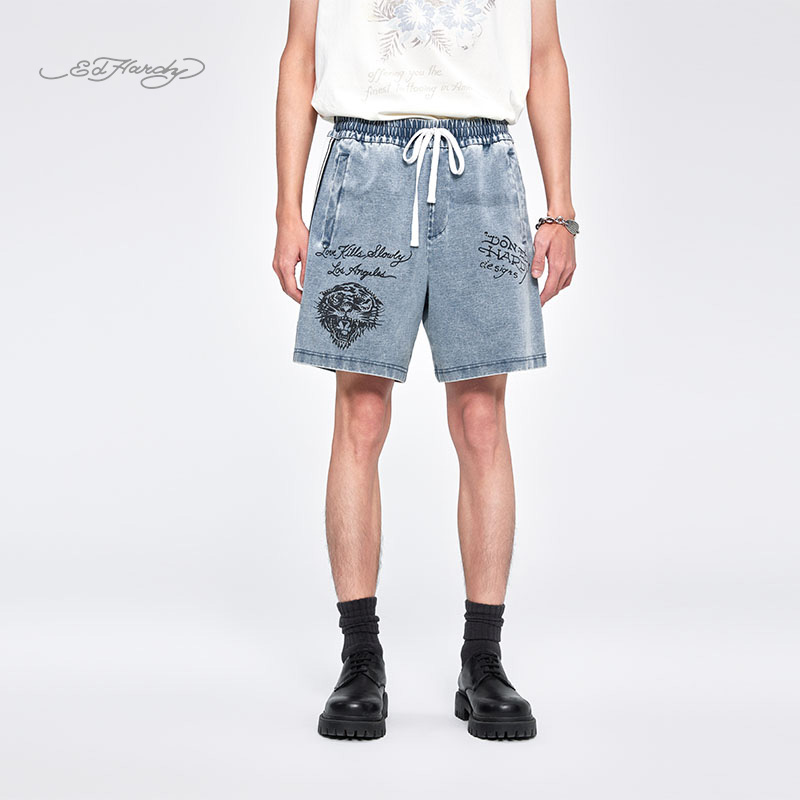 EdHardy靛蓝针织拔印短裤