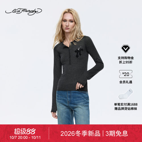 【冬季新品】Ed Hardy埃德哈迪秋冬女士亨利领贴皮绣烫钻针织衫