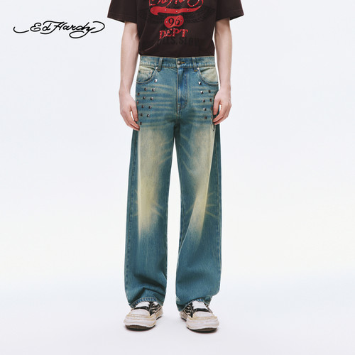 【秋季新品】Ed Hardy埃德哈迪男士烫片宽松阔腿牛仔长裤E1SCM020