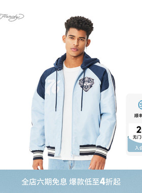 Ed hardy埃德哈迪春季流行新款男士美式复古落肩棉服连帽开衫夹克