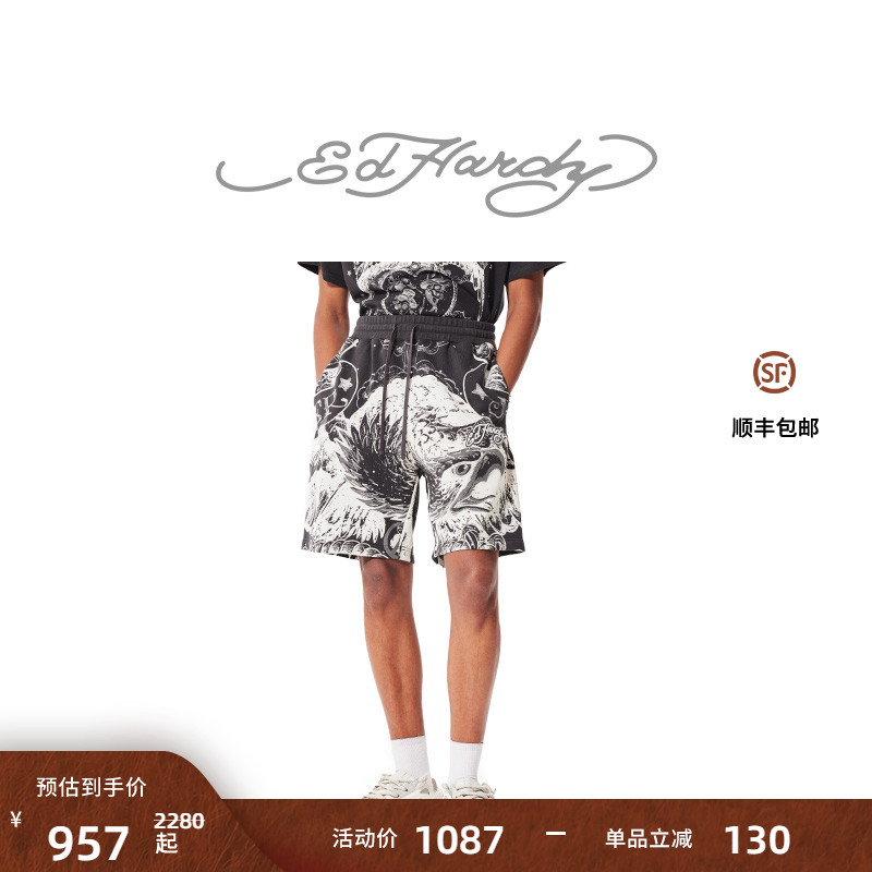 【赖煜哲同款】Ed Hardy埃德哈迪秋季新款男士烫钻老鹰短裤