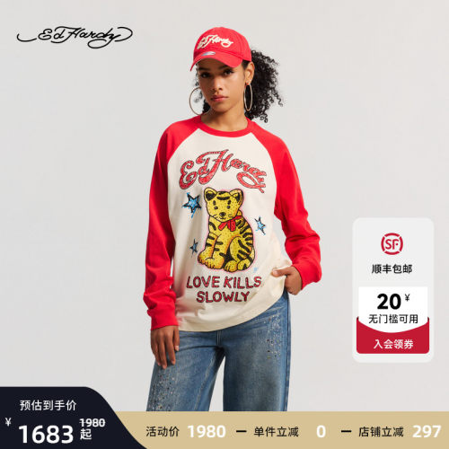Ed Hardy埃德哈迪2026春季新款女士宽松插肩袖长袖T恤E1SAW261