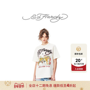 Ed Hardy埃德哈迪冬季新款水浆印烫钻宽松休闲女士短袖T恤