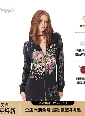 Ed Hardy埃德哈迪2025春季新款女士拔印烫钻连帽长袖拉链连衣裙