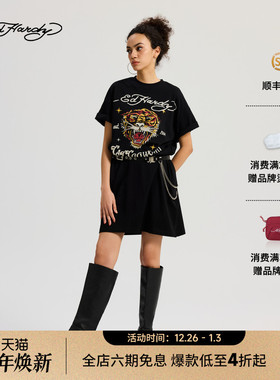 Ed Hardy埃德哈迪2025夏季新款女士黑色拔印烫钻连衣裙E1RYW202