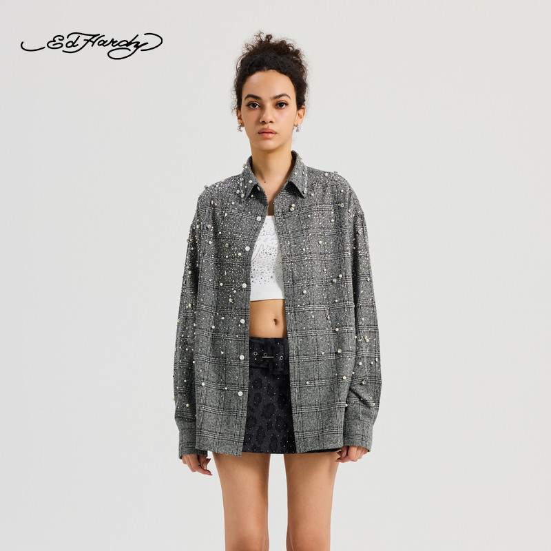 Ed Hardy埃德哈迪2025冬季新款女士宽松烫钻烫片衬衫E1RDW324