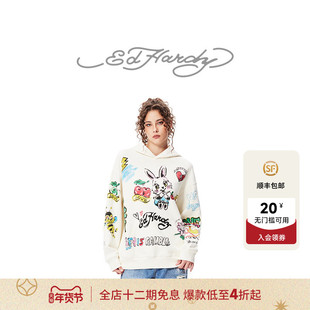 Ed Hardy埃德哈迪冬季新款水浆印烫钻宽松休闲女士套头衫卫衣