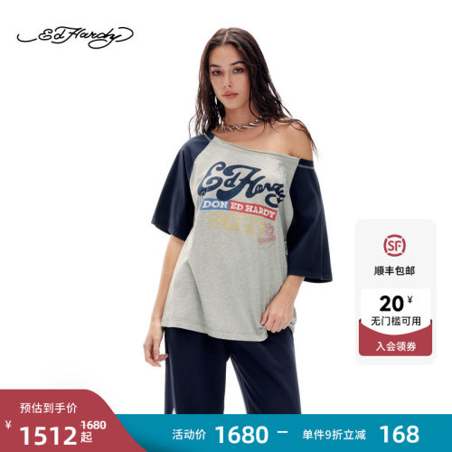Ed Hardy埃德哈迪2026夏季新款女士斜肩宽松撞色短袖T恤E1SBW211