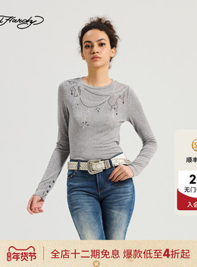 Ed Hardy埃德哈迪2025冬季新款女士烫钻烫片紧身长袖T恤E1RDW325