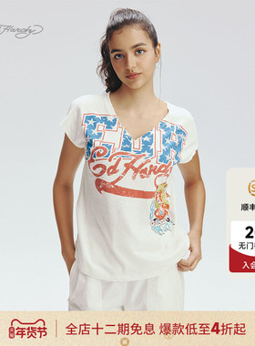 Ed Hardy埃德哈迪2025秋季新款女士V领宽松针织白色短袖T恤