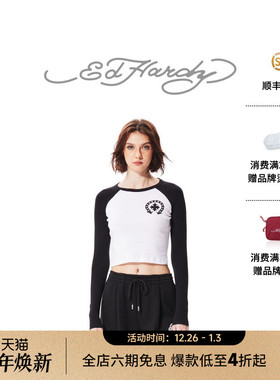 Ed Hardy埃德哈迪秋季新款圆领插肩袖水浆印烫钻女士长袖T恤