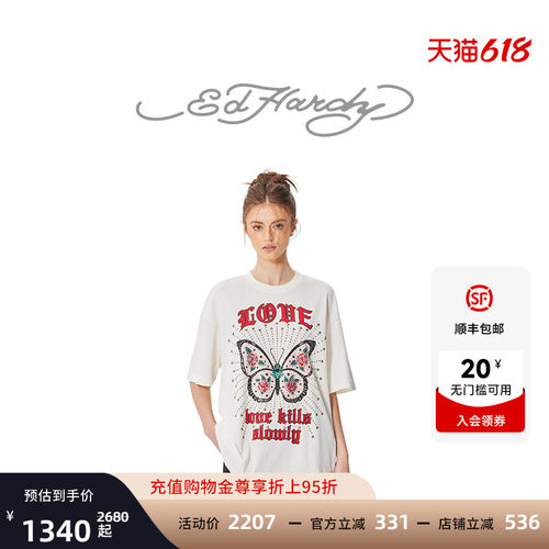 Ed Hardy埃德哈迪春季流行新款美式复古烫钻蝴蝶宽松女士短袖T恤