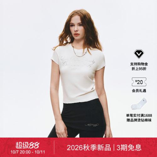 【秋季新品】Ed Hardy埃德哈迪女士圆领正肩卷边短袖T恤E1SCW243