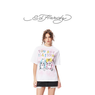 女士卡通小狗烫钻宽松休闲短袖 新款 T恤 Hardy埃德哈迪冬季