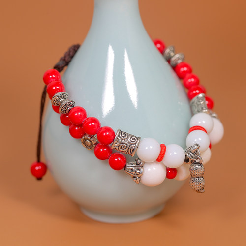 手编双层彩石古银手链手串女饰品