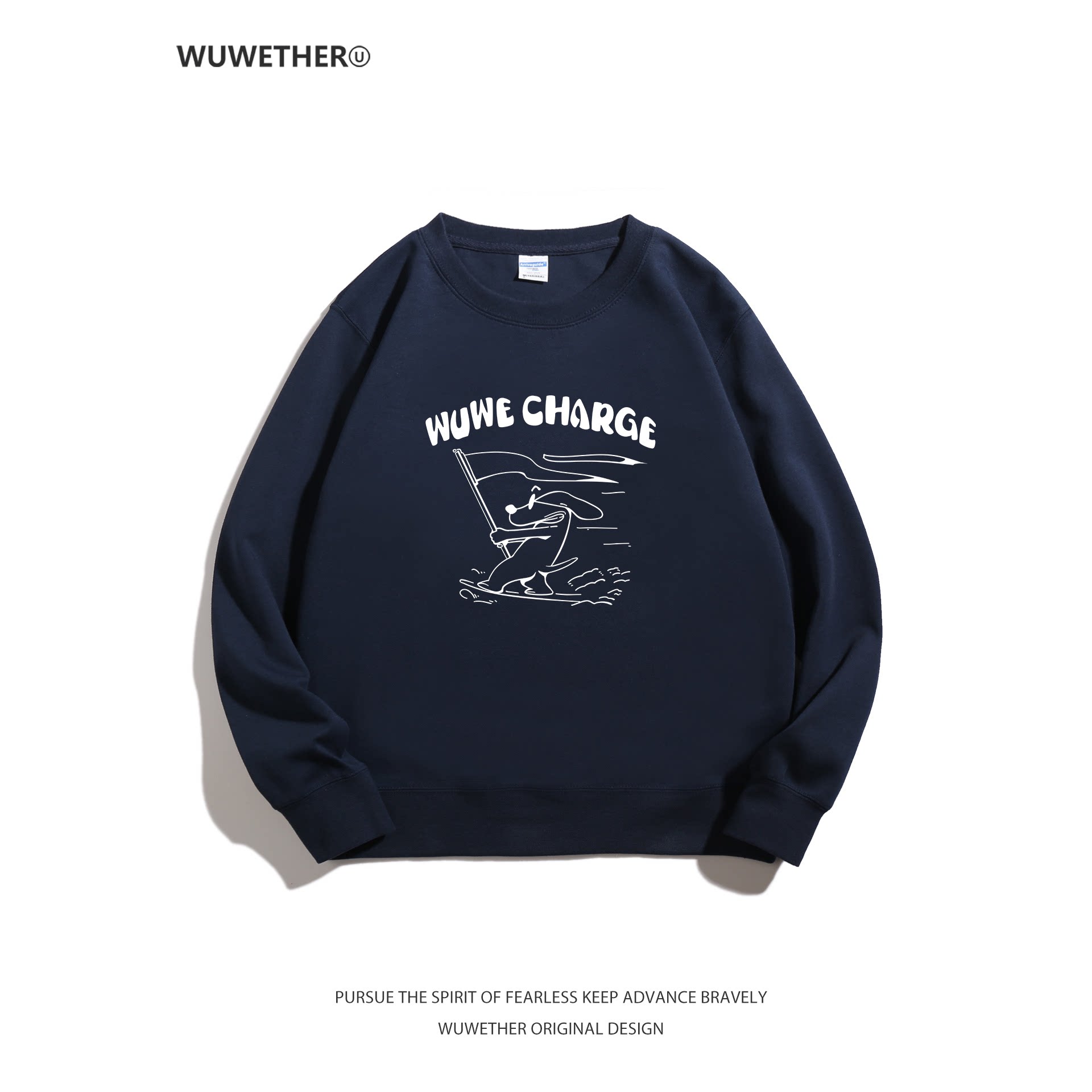 WUWETHER原创藏青色圆领卫衣卡通