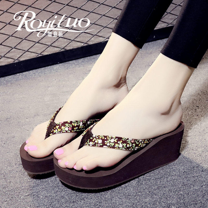 甜美高跟拖鞋女夏时尚防滑厚底坡跟凉拖可爱海边碎花沙滩人字拖潮在类目 女鞋, 拖鞋, 人字拖中 - 来自Buy2taobao.com提供专业的淘宝代购服务