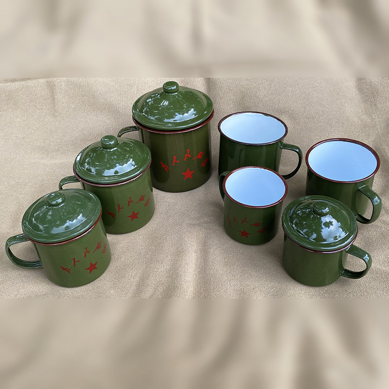 为人民服务军绿色茶缸子口杯怀旧复古搪瓷杯子五角星老式解放绿杯