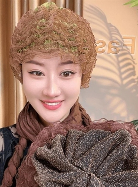 网纱弹力遮盖白发蕾丝花边时尚女士透气美人帽包头帽时尚透气小帽