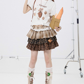 OOURSLAB 原创三层咖色格子拼接蛋糕裙蓬蓬裙花边腰短裙25款 夏新