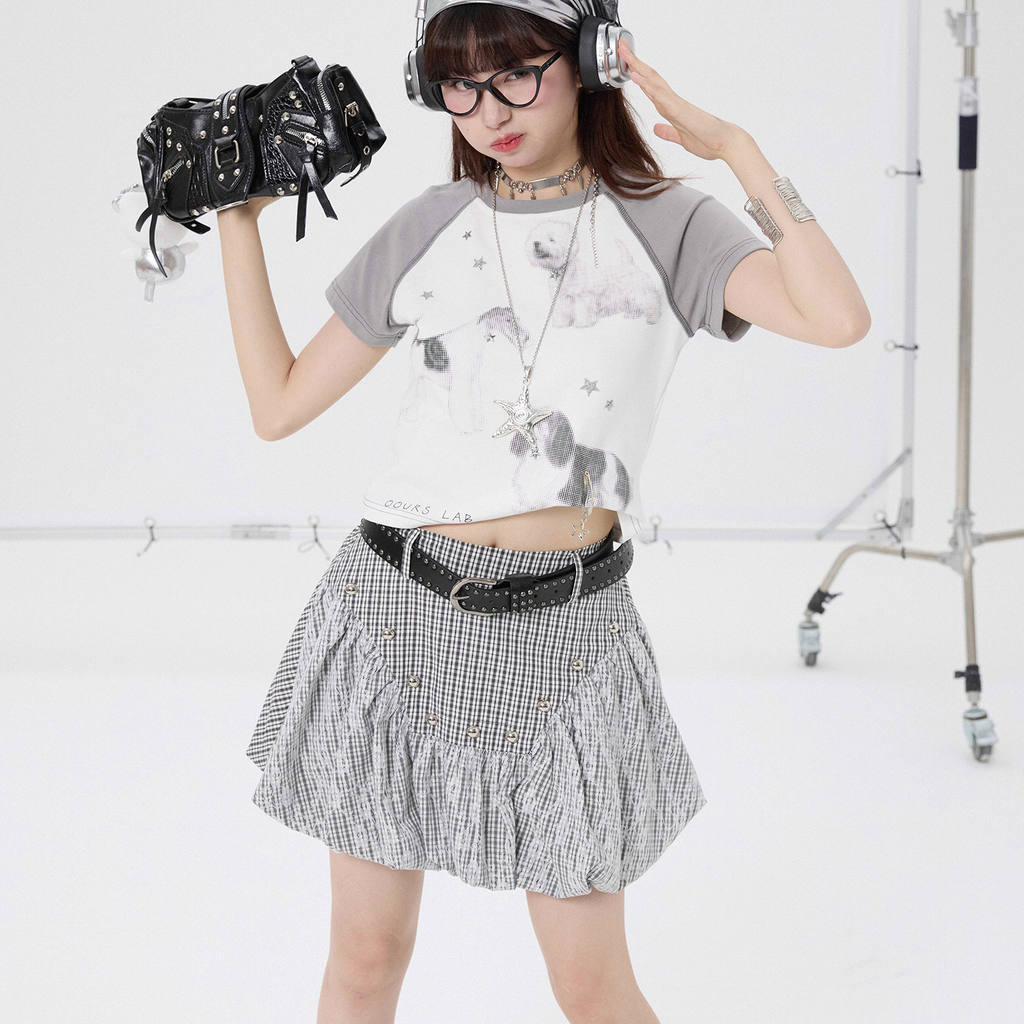 OOURSLAB 原创狗狗印花撞色插肩袖T恤星星铆钉烫钻25夏新款