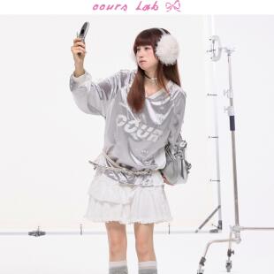 OOURSLAB 上衣女 运动银色V领卫衣撞色拼接设计感oversize长袖