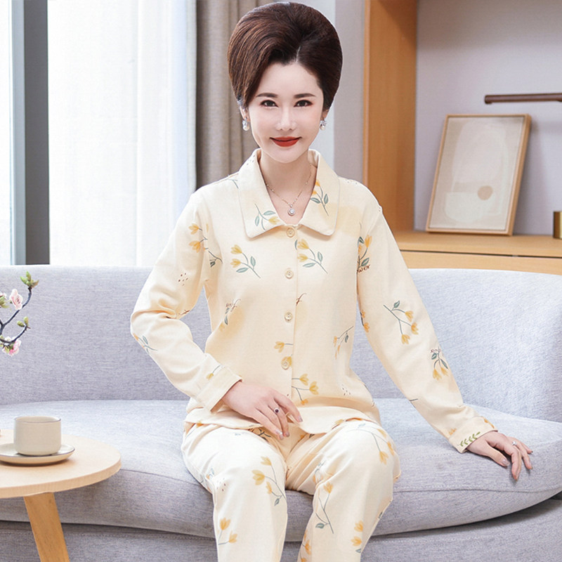 妈妈睡衣春秋季纯棉长袖薄款中年人妇女士家居服秋冬全棉休闲大码