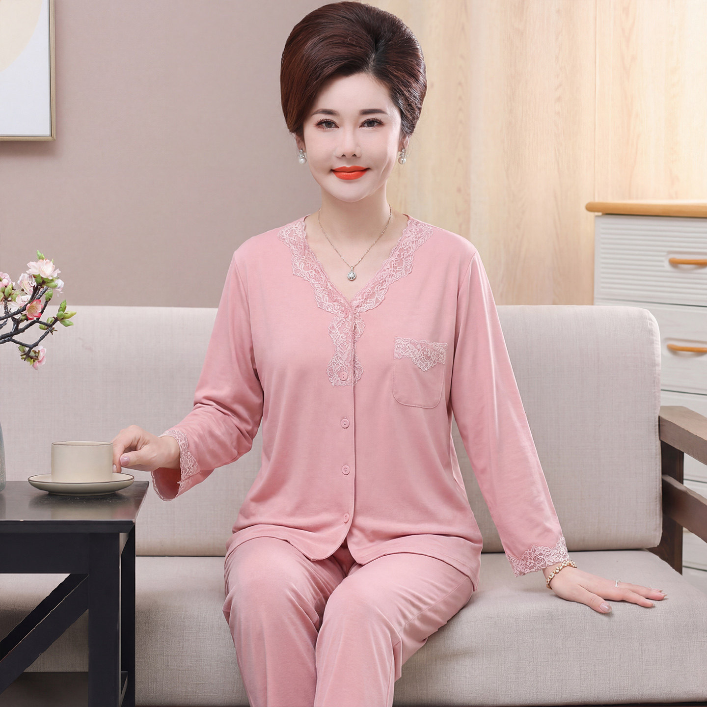 中年睡衣女春秋季纯棉长袖薄款妈妈家居服全棉休闲大码妇女士套装