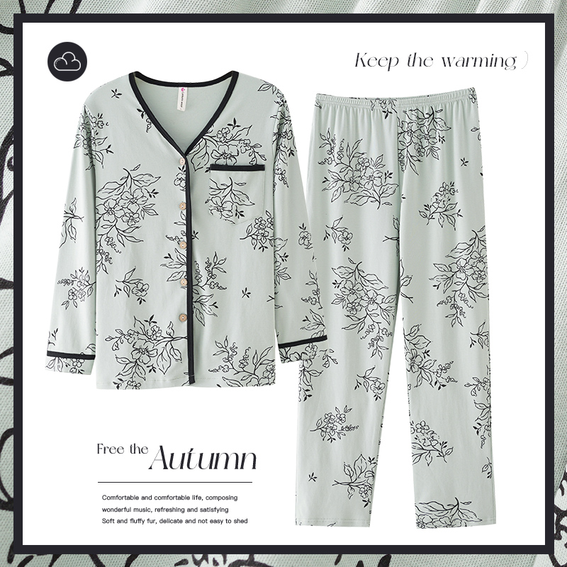 中年妈妈睡衣纯棉长袖春秋季薄款妇女士家居服秋冬休闲加大码套装