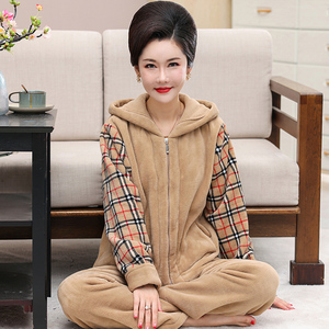 妈妈睡衣冬季款珊瑚绒加厚拉链连帽中年人妇女法兰绒家居服可外穿