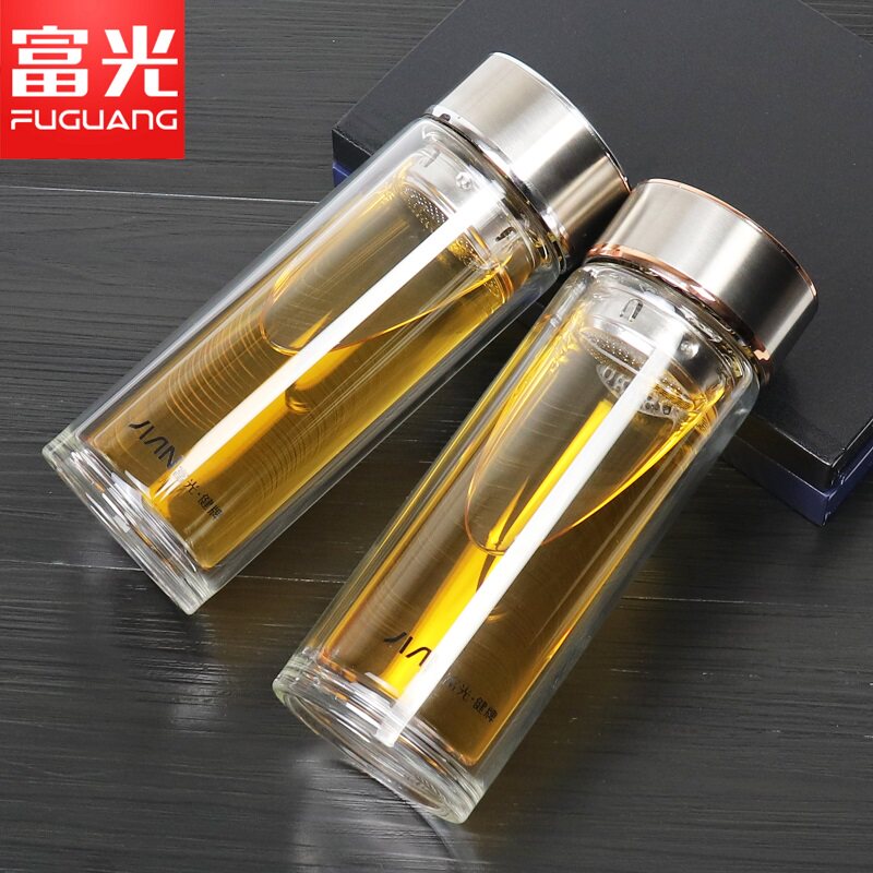 富光X1930双层简约玻璃杯带盖玻璃杯创意便携个性泡茶杯透明杯子