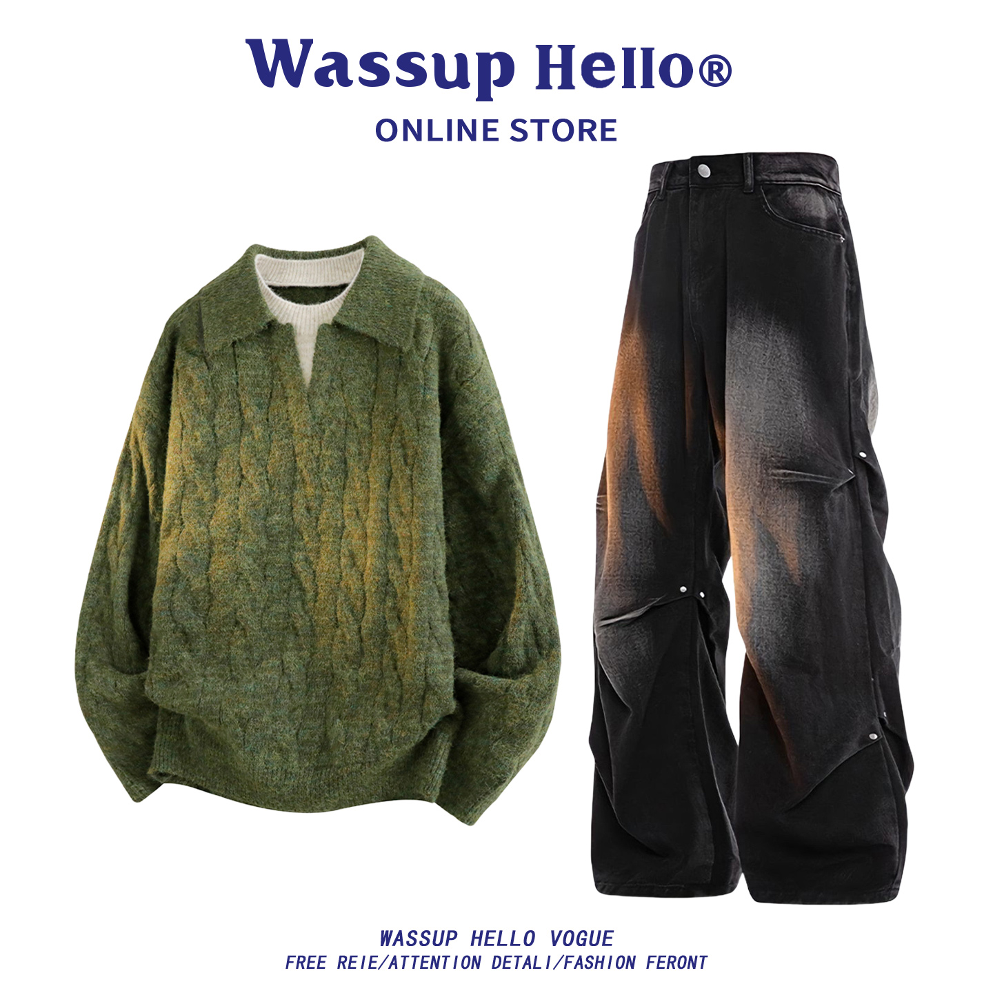 WASSUPHELLO美式复古假两件套装