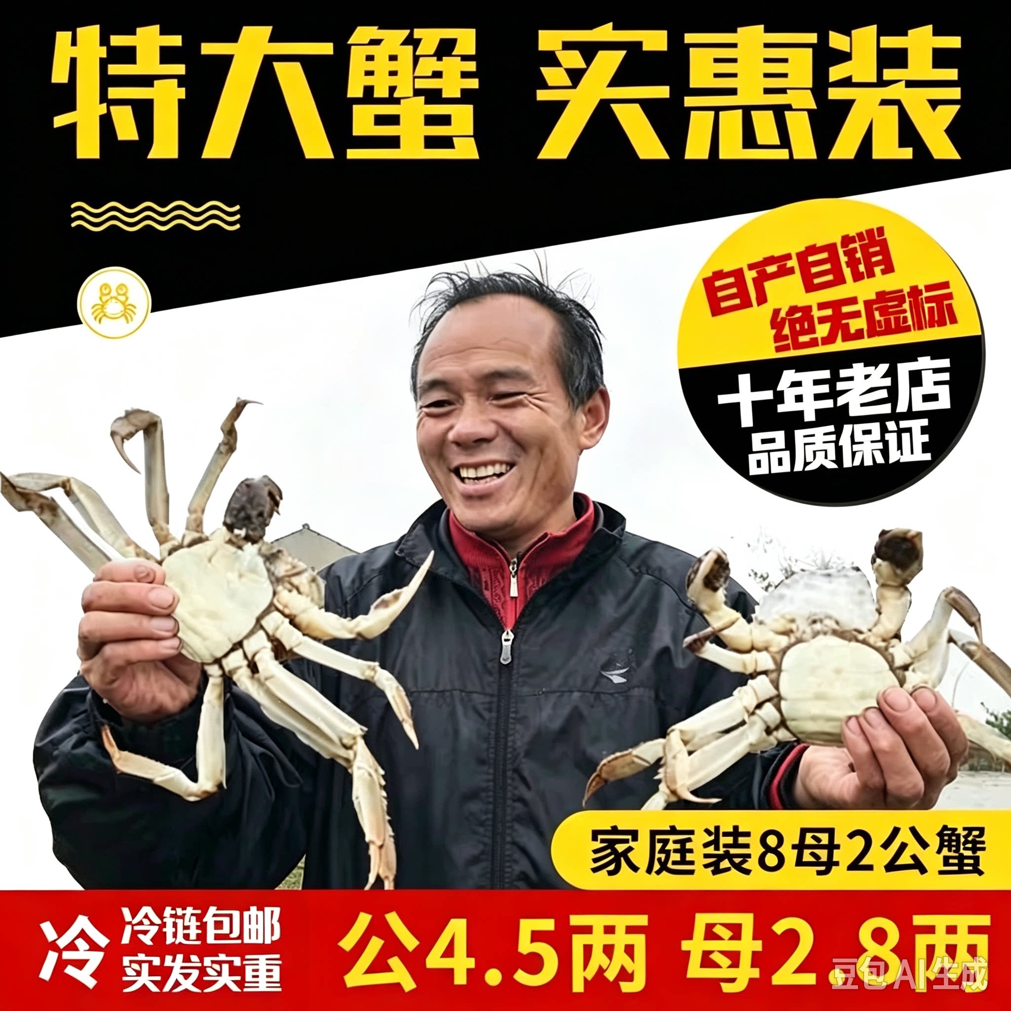 【家庭装10只】洪湖老崔家大闸蟹现货鲜活螃蟹水产活蟹特大河蟹