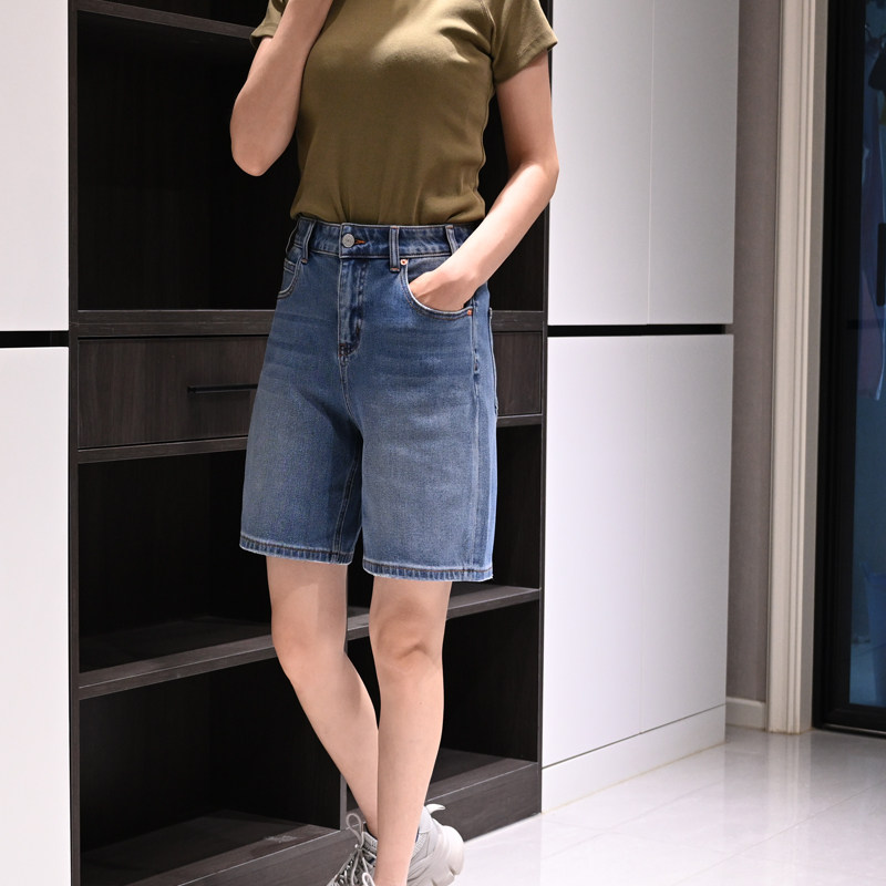boyiyiyi2025夏季高腰弹力浅蓝色五分直筒裤牛仔裤女E66326