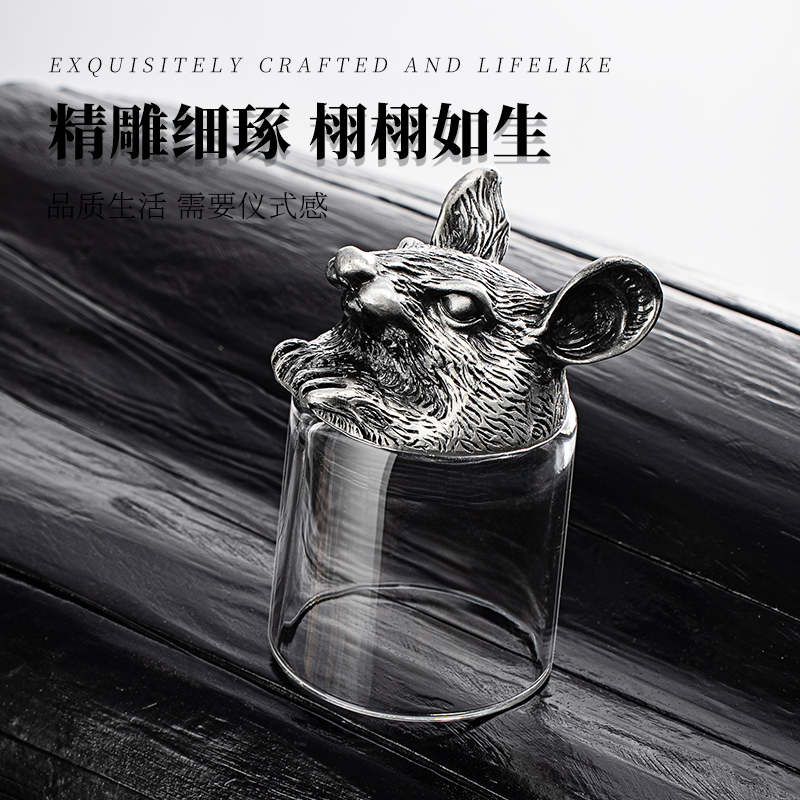 中式古银色十二生肖白酒杯单杯二两半复古轻奢玻璃酒具酒盅裂酒杯