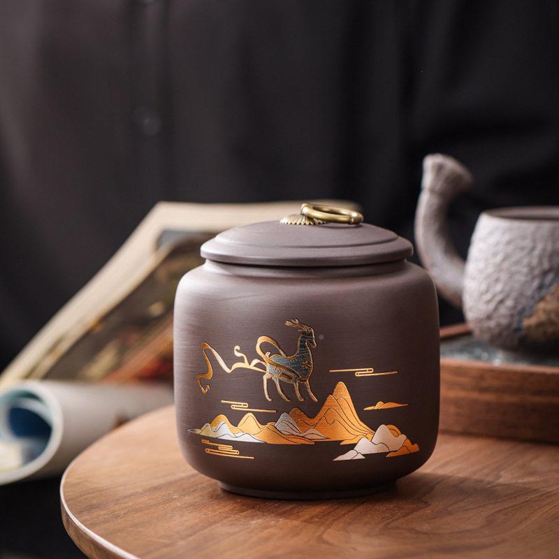 新紫砂瓷JX-陶茶叶红茶普洱乌龙茶盒装储茶容款量礼约150克