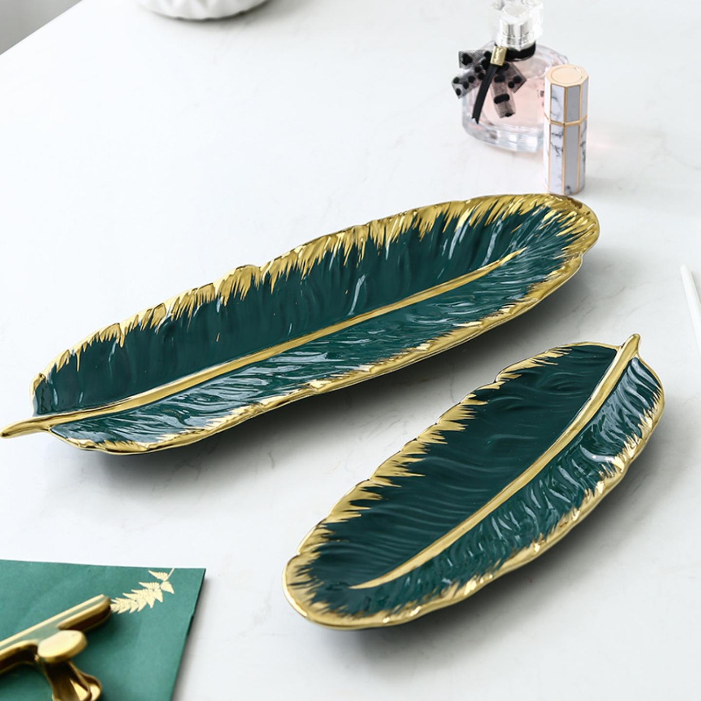 北欧金边创意轻奢陶瓷托盘墨绿